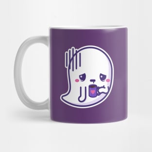 Tired kawaii ghost with coffee cup - white outline Mug